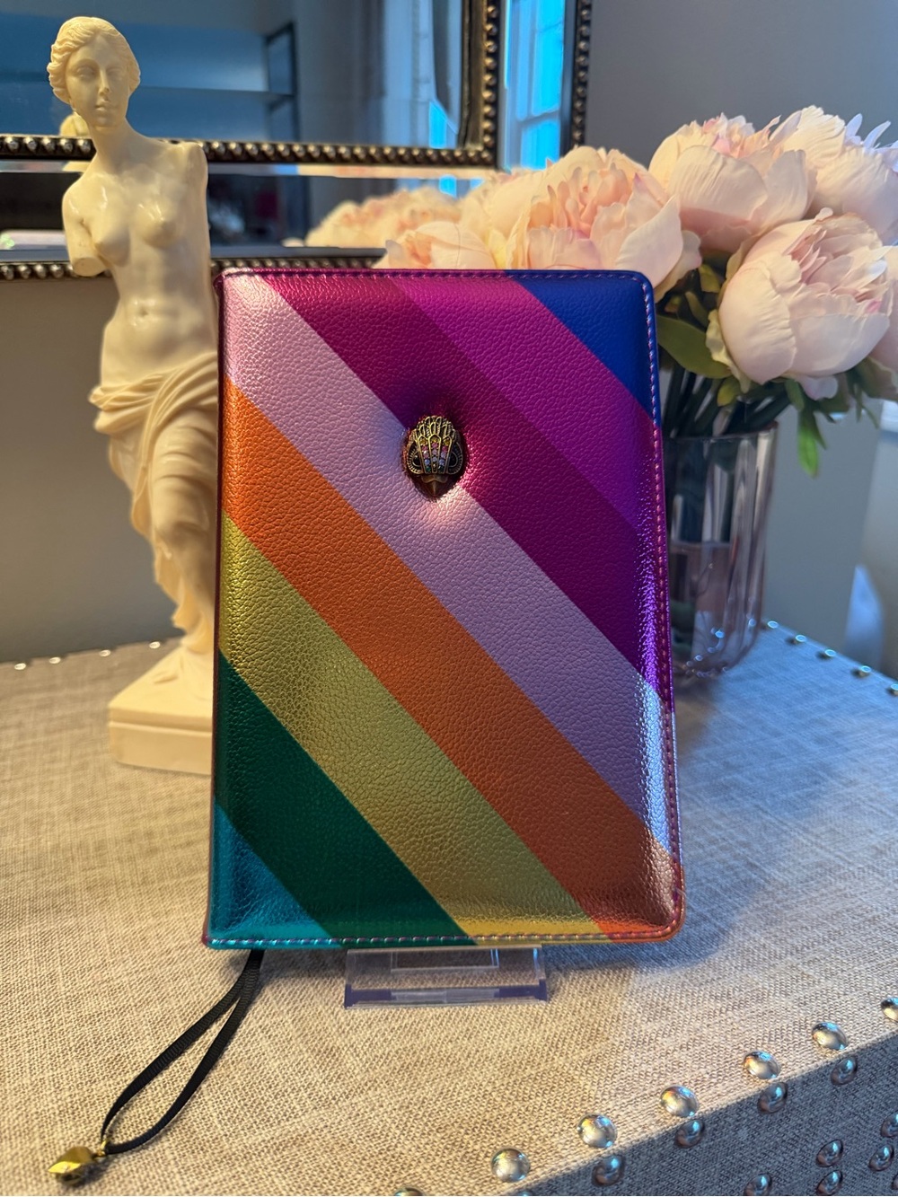 Rainbow Striped Leather Notebook Cover with Gold Crest Accent